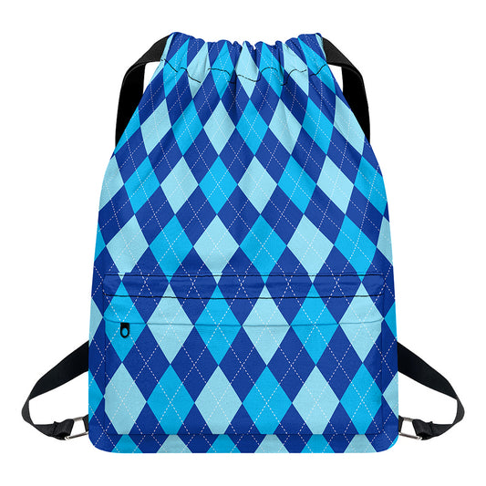 Classic Blue Argyle Pattern Print Drawstring Backpack