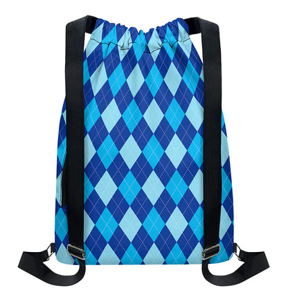 Classic Blue Argyle Pattern Print Drawstring Backpack
