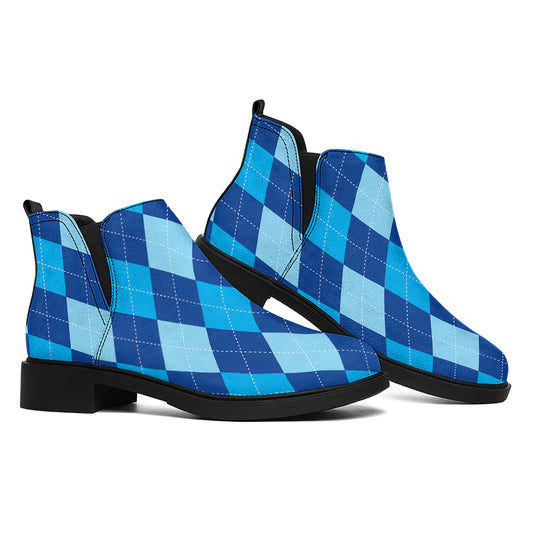 Classic Blue Argyle Pattern Print Flat Ankle Boots