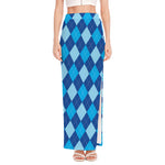 Classic Blue Argyle Pattern Print High Slit Maxi Skirt