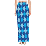 Classic Blue Argyle Pattern Print High Slit Maxi Skirt