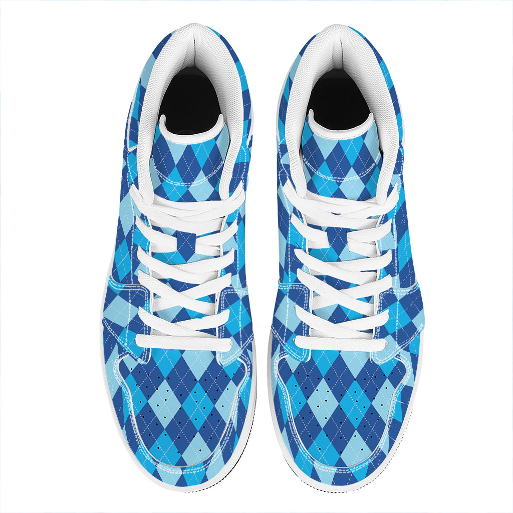 Classic Blue Argyle Pattern Print High Top Leather Sneakers
