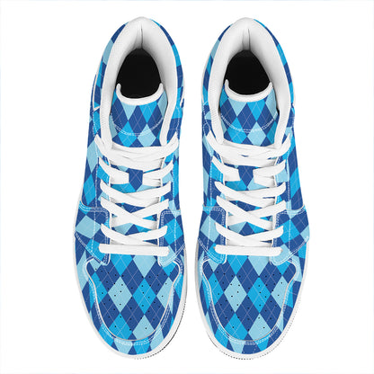Classic Blue Argyle Pattern Print High Top Leather Sneakers