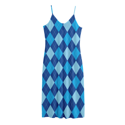 Classic Blue Argyle Pattern Print Jersey Midi Cami Dress