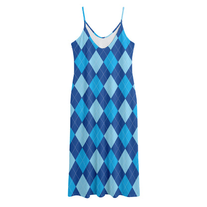 Classic Blue Argyle Pattern Print Jersey Midi Cami Dress