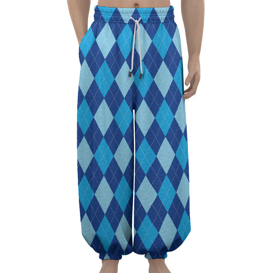 Classic Blue Argyle Pattern Print Lantern Pants