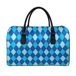 Classic Blue Argyle Pattern Print Leather Duffle Bag