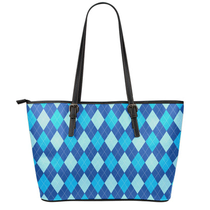 Classic Blue Argyle Pattern Print Leather Tote Bag