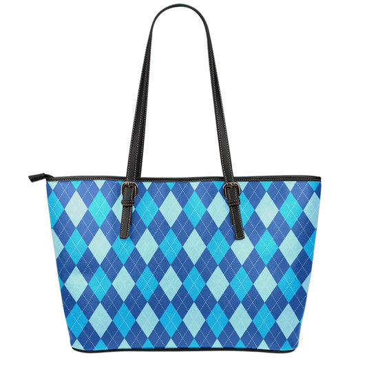 Classic Blue Argyle Pattern Print Leather Tote Bag