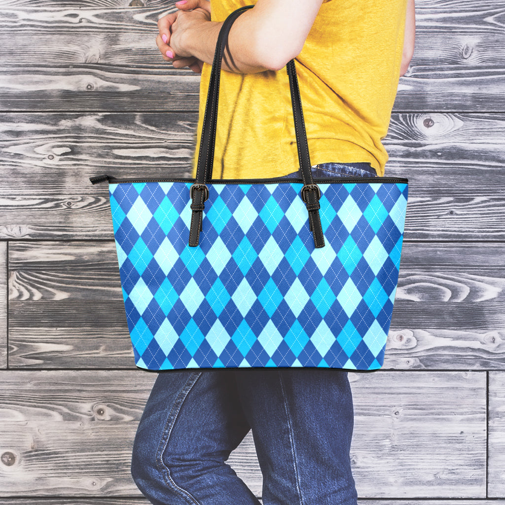 Classic Blue Argyle Pattern Print Leather Tote Bag