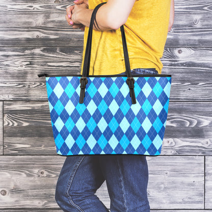 Classic Blue Argyle Pattern Print Leather Tote Bag
