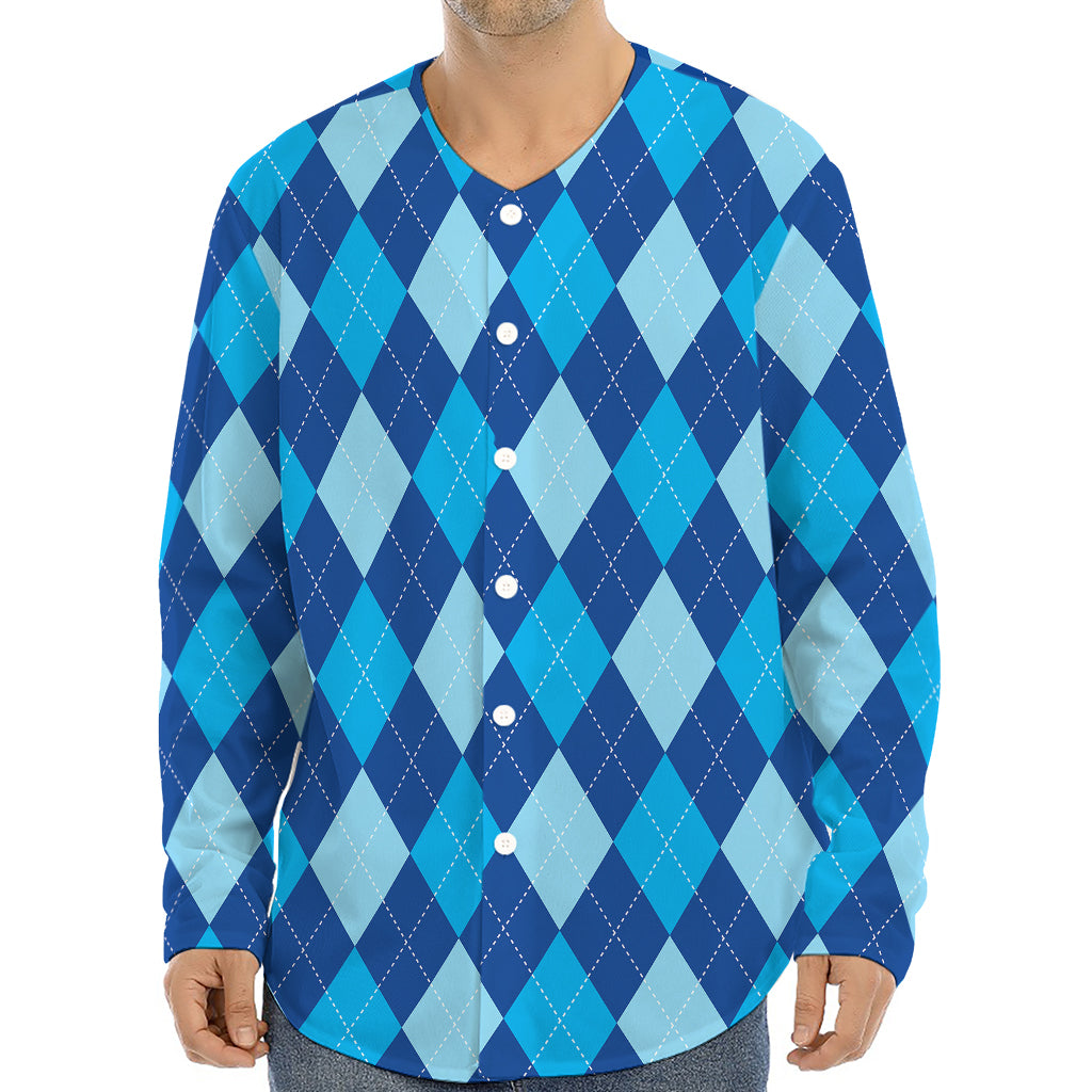 Classic Blue Argyle Pattern Print Long Sleeve Baseball Jersey