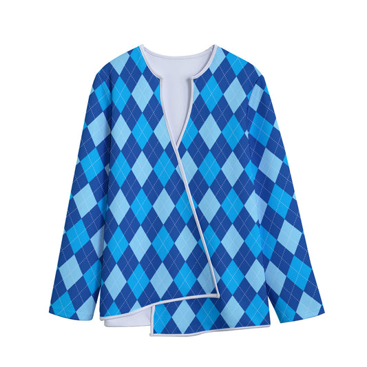 Classic Blue Argyle Pattern Print Long Sleeve Short Coat