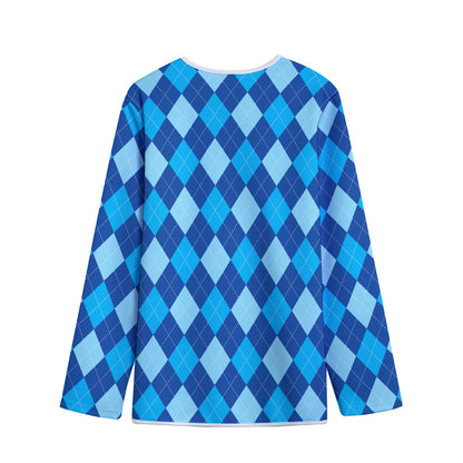 Classic Blue Argyle Pattern Print Long Sleeve Short Coat