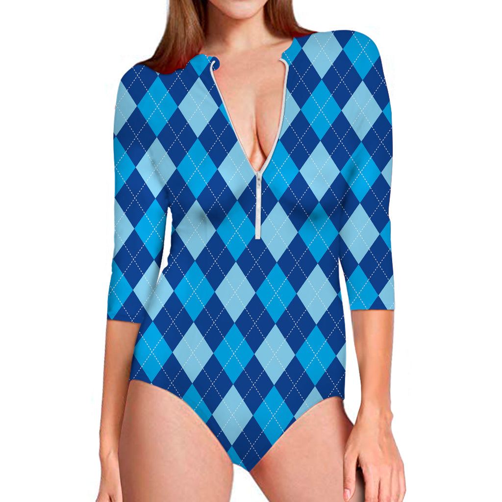 Classic Blue Argyle Pattern Print Long Sleeve Swimsuit