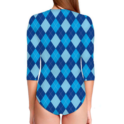 Classic Blue Argyle Pattern Print Long Sleeve Swimsuit