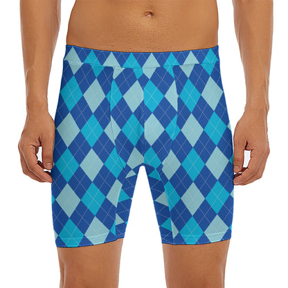 Classic Blue Argyle Pattern Print Men's Long Boxer Briefs