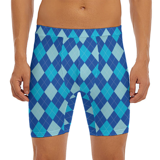 Classic Blue Argyle Pattern Print Men's Long Boxer Briefs