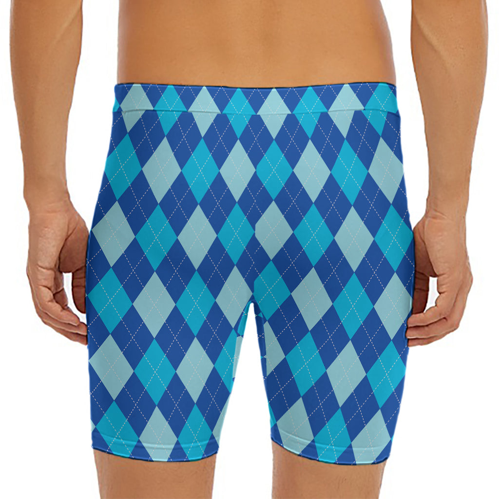 Classic Blue Argyle Pattern Print Men's Long Boxer Briefs