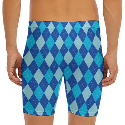 Classic Blue Argyle Pattern Print Men's Long Boxer Briefs