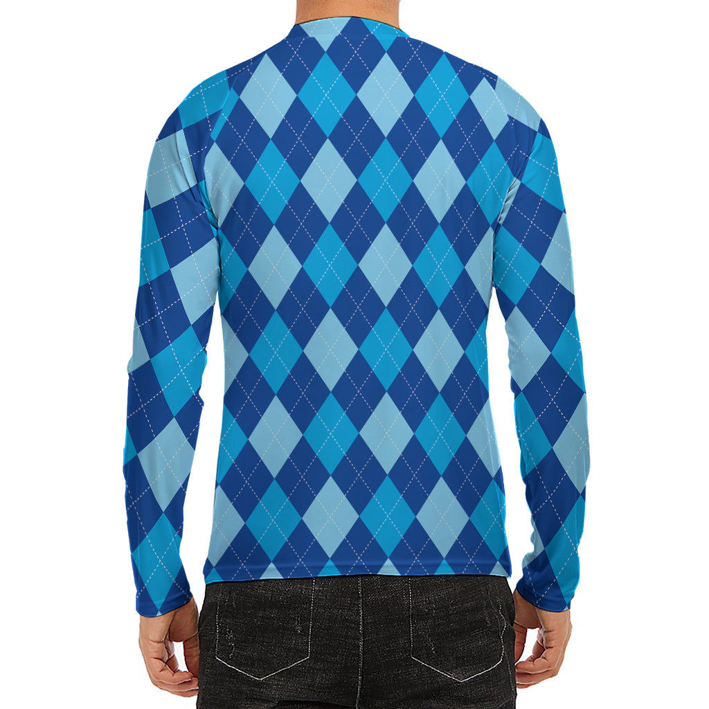 Classic Blue Argyle Pattern Print Men's Long Sleeve Rash Guard