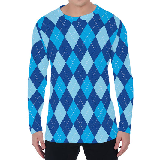 Classic Blue Argyle Pattern Print Men's Long Sleeve T-Shirt