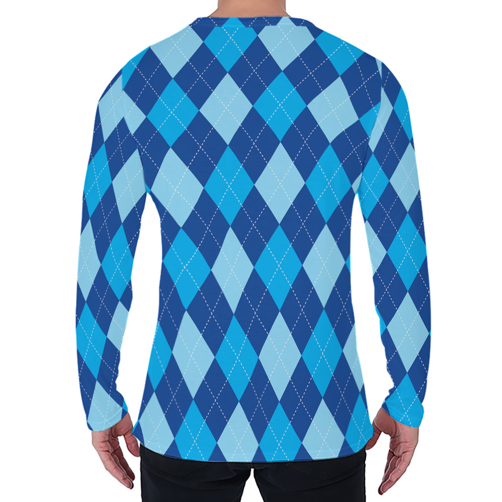 Classic Blue Argyle Pattern Print Men's Long Sleeve T-Shirt