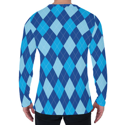 Classic Blue Argyle Pattern Print Men's Long Sleeve T-Shirt