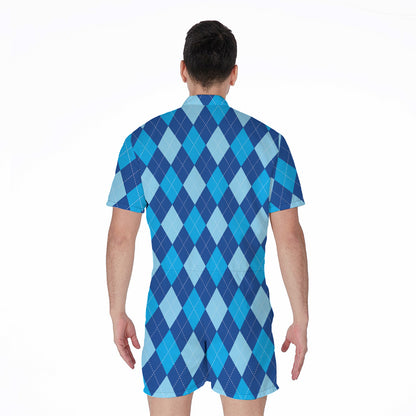 Classic Blue Argyle Pattern Print Men's Rompers