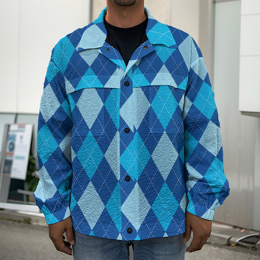 Classic Blue Argyle Pattern Print Men's Shirt Jacket