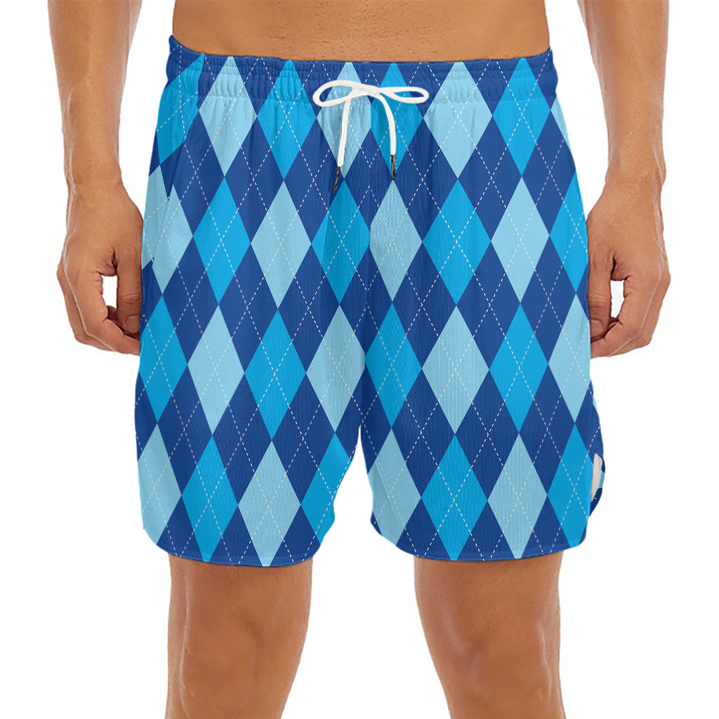 Classic Blue Argyle Pattern Print Men's Split Running Shorts
