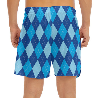 Classic Blue Argyle Pattern Print Men's Split Running Shorts