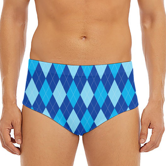 Classic Blue Argyle Pattern Print Men's Triangle Swim Briefs