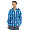 Classic Blue Argyle Pattern Print Men's Velvet Pullover Hoodie