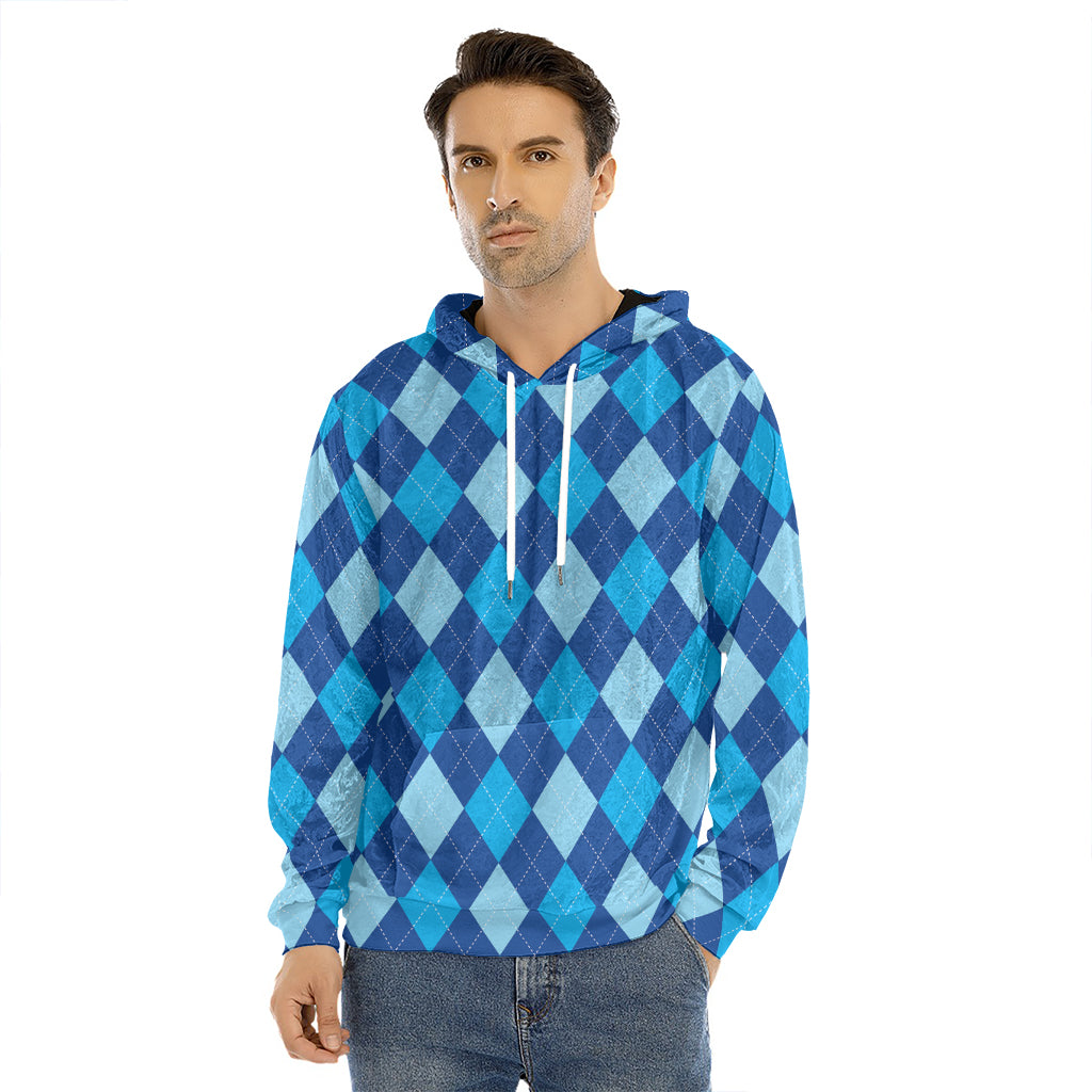 Classic Blue Argyle Pattern Print Men's Velvet Pullover Hoodie