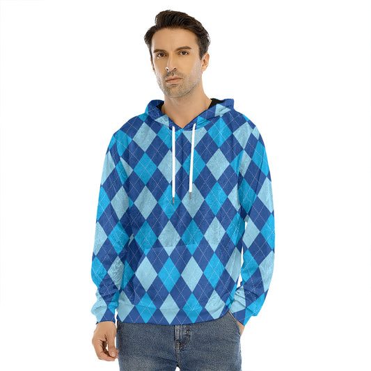 Classic Blue Argyle Pattern Print Men's Velvet Pullover Hoodie