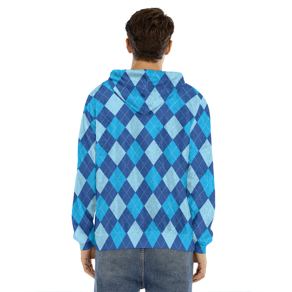 Classic Blue Argyle Pattern Print Men's Velvet Pullover Hoodie