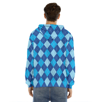Classic Blue Argyle Pattern Print Men's Velvet Pullover Hoodie