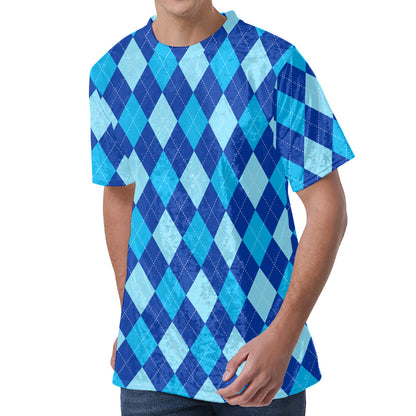 Classic Blue Argyle Pattern Print Men's Velvet T-Shirt