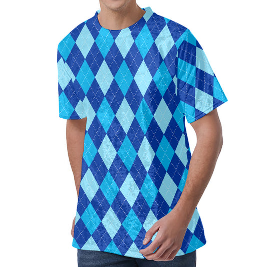 Classic Blue Argyle Pattern Print Men's Velvet T-Shirt
