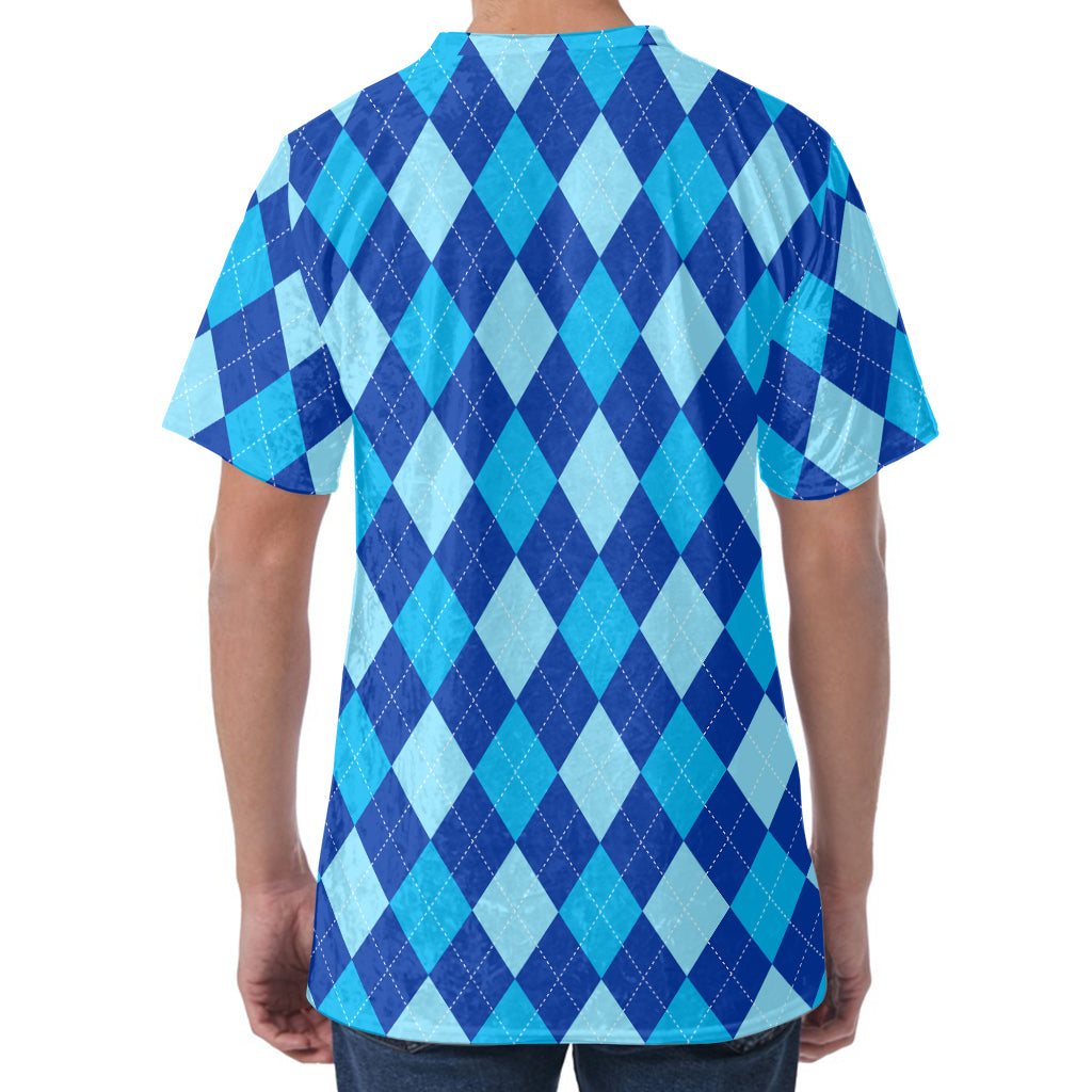 Classic Blue Argyle Pattern Print Men's Velvet T-Shirt