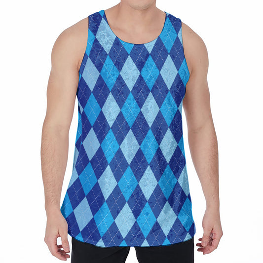 Classic Blue Argyle Pattern Print Men's Velvet Tank Top
