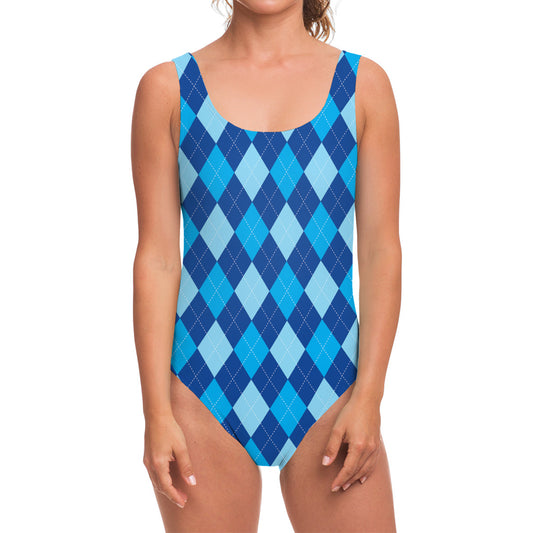 Classic Blue Argyle Pattern Print One Piece Swimsuit
