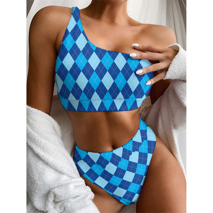 Classic Blue Argyle Pattern Print One Shoulder Bikini Top