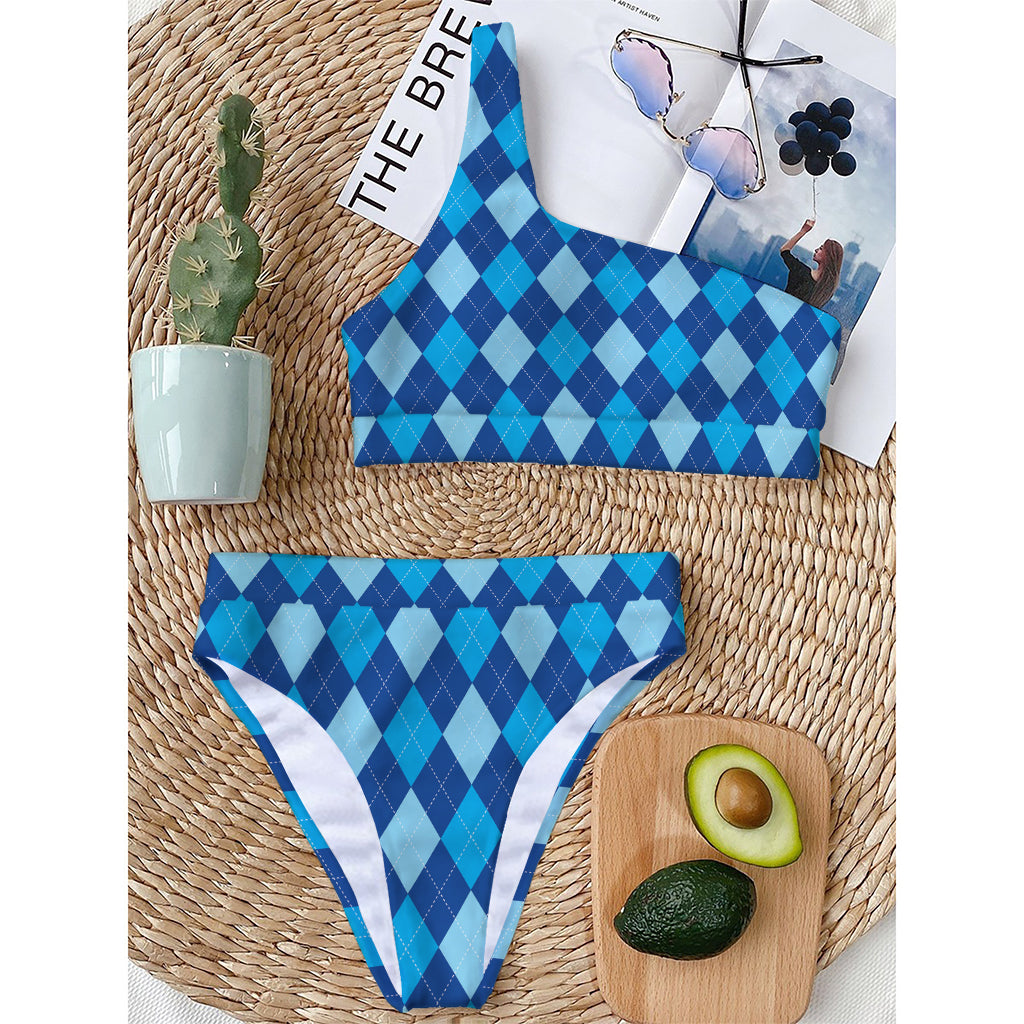 Classic Blue Argyle Pattern Print One Shoulder Bikini Top