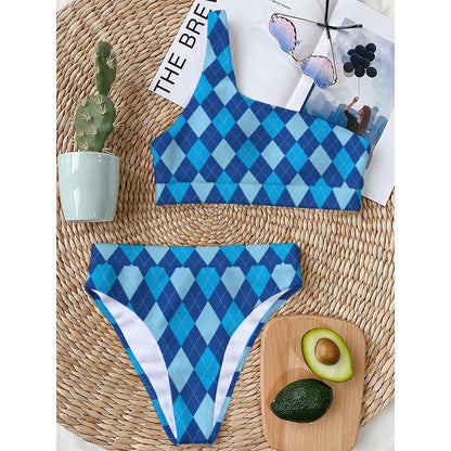 Classic Blue Argyle Pattern Print One Shoulder Bikini Top