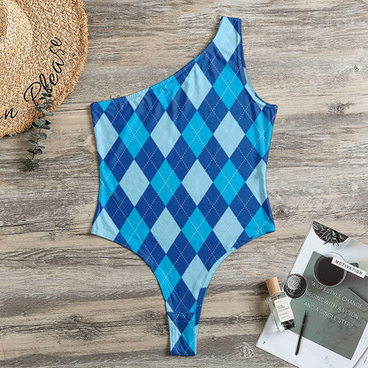 Classic Blue Argyle Pattern Print One Shoulder Bodysuit