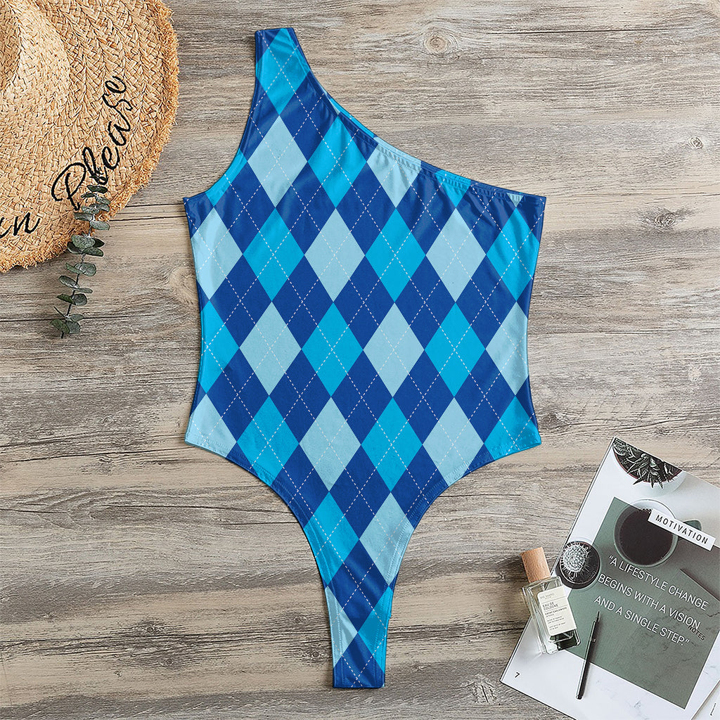 Classic Blue Argyle Pattern Print One Shoulder Bodysuit