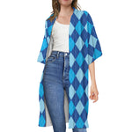 Classic Blue Argyle Pattern Print Open Front Beach Cover Up