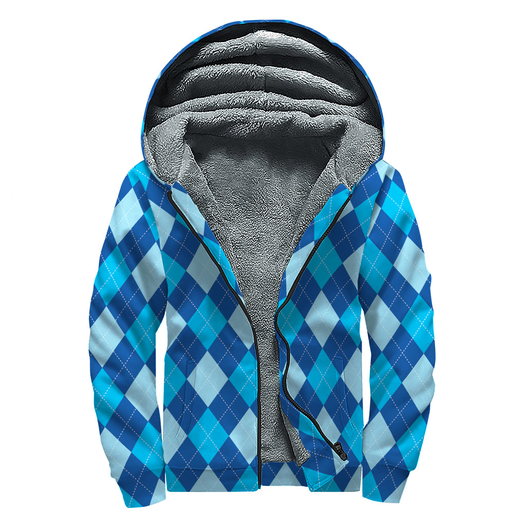 Classic Blue Argyle Pattern Print Sherpa Lined Zip Up Hoodie